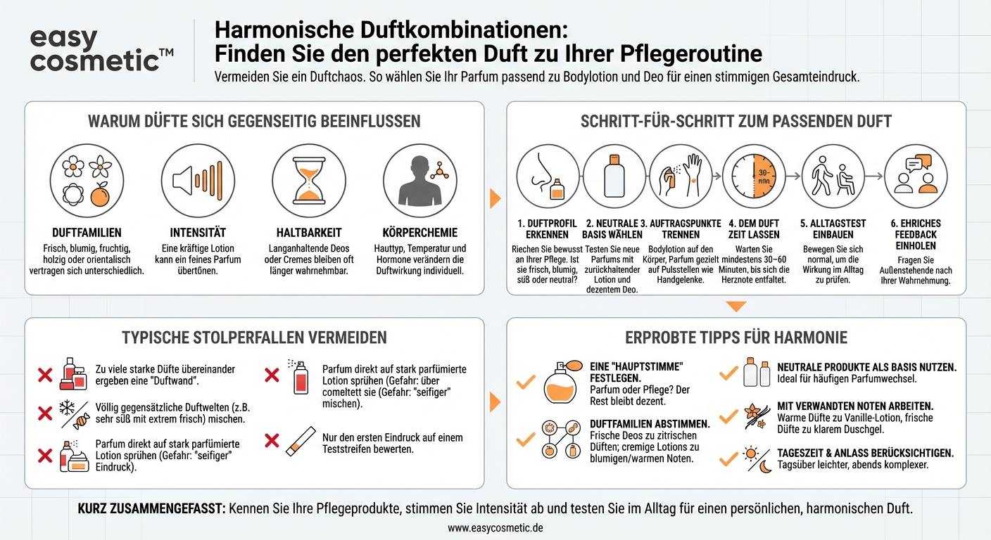 Wie finde ich Düfte, die gut zu meiner bestehenden Pflegeroutine und zu den Gerüchen meiner Bodylotion oder meines Deos passen?
