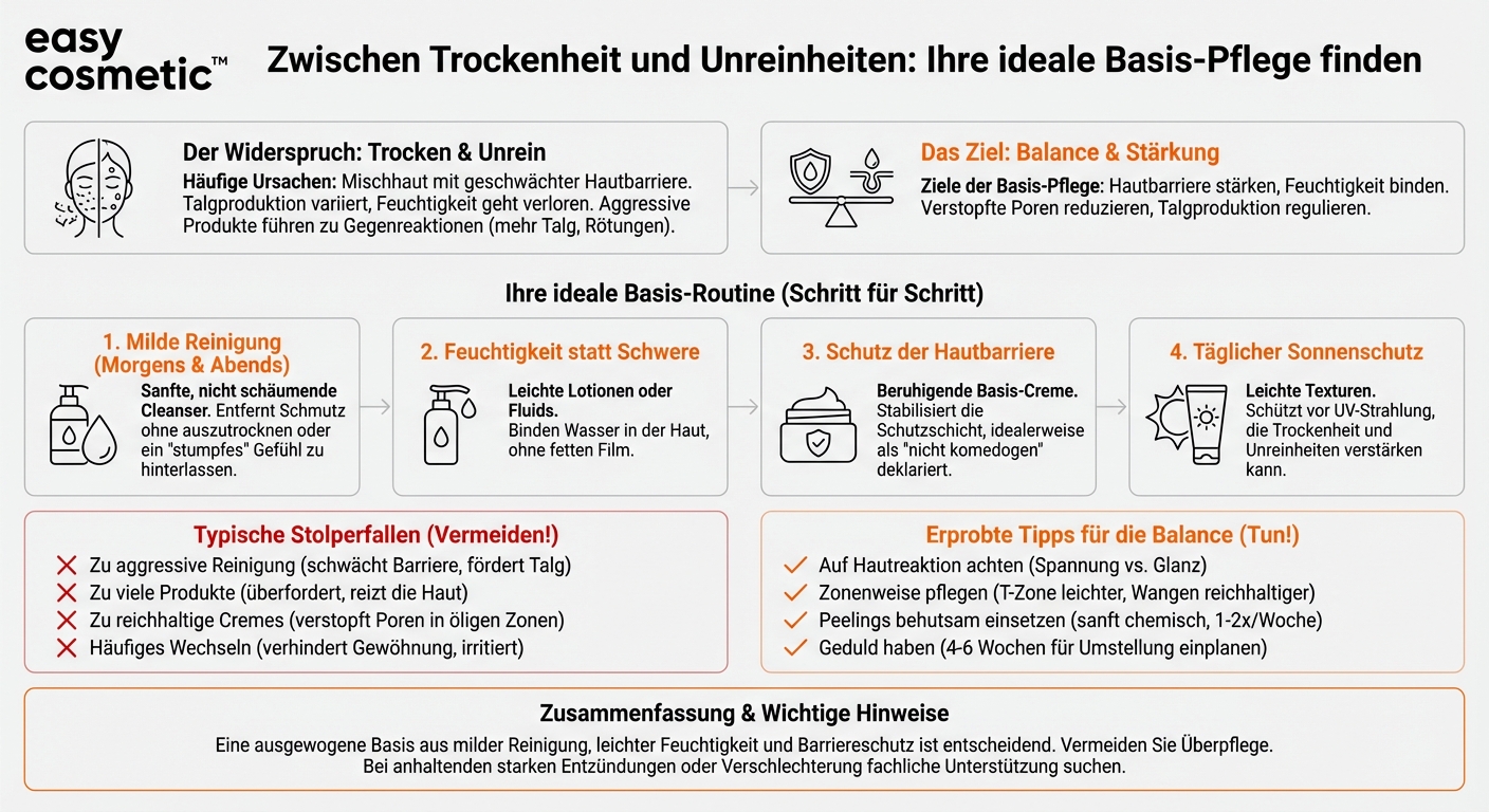 Wie finde ich eine geeignete Basis-Pflege, wenn ich gleichzeitig zu Unreinheiten und zu trockenen Stellen neige?