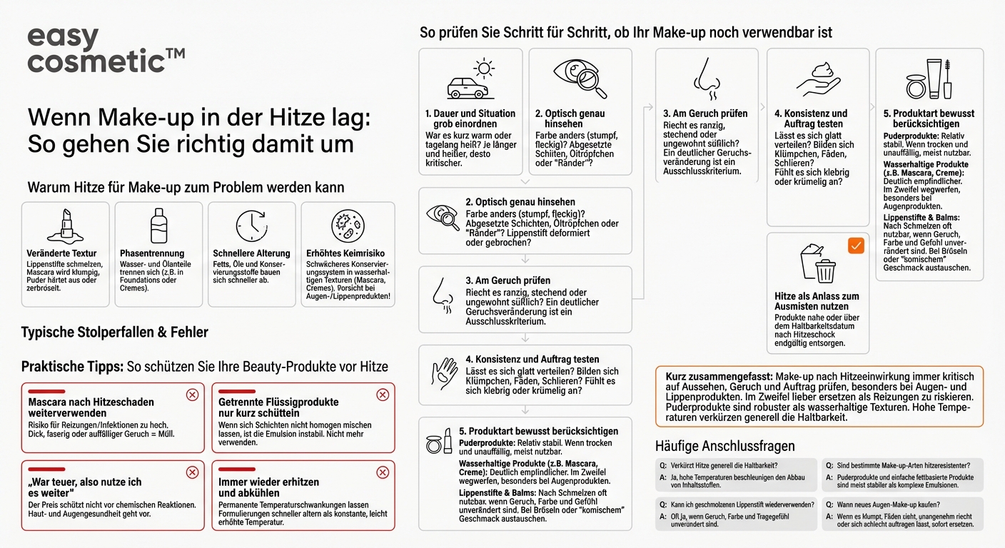 Wie gehe ich mit Make-up um, das starker Sonneneinstrahlung oder Hitze ausgesetzt war (z. B. im Auto oder in der Handtasche)?