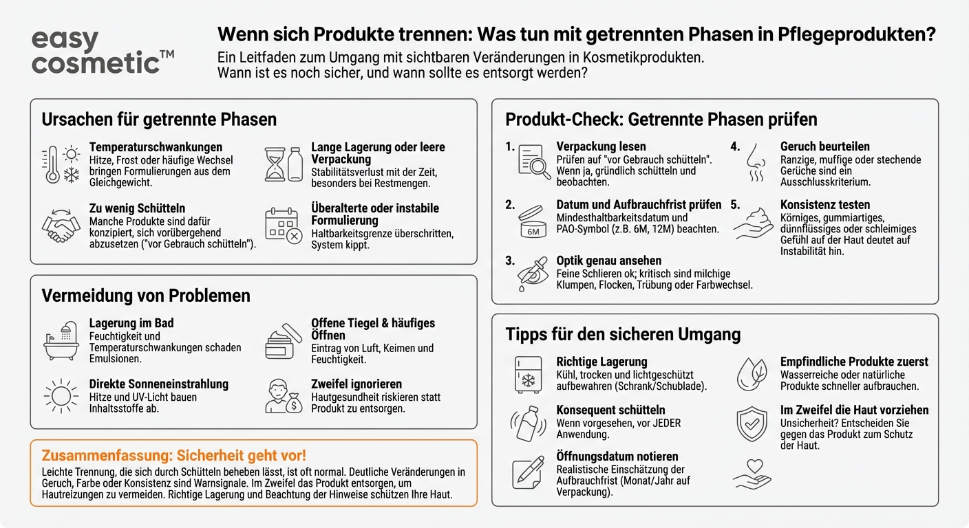 Wie gehe ich mit Produkten um, bei denen sich Phasen abgesetzt haben oder Öl und Wasser sich trennen?