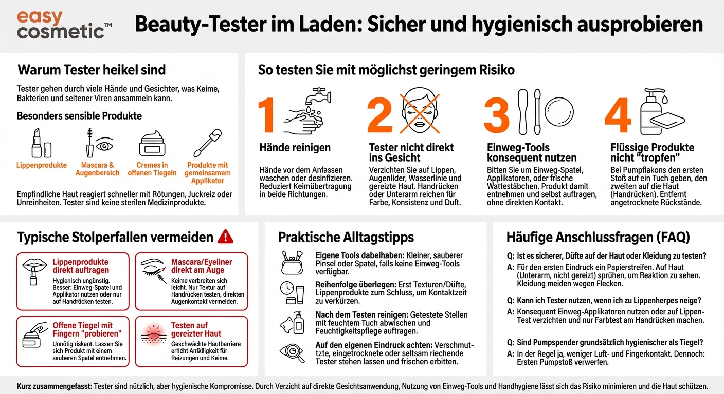 Wie gehe ich mit Testern im Laden hygienisch um, ohne meine Haut zu gefährden?