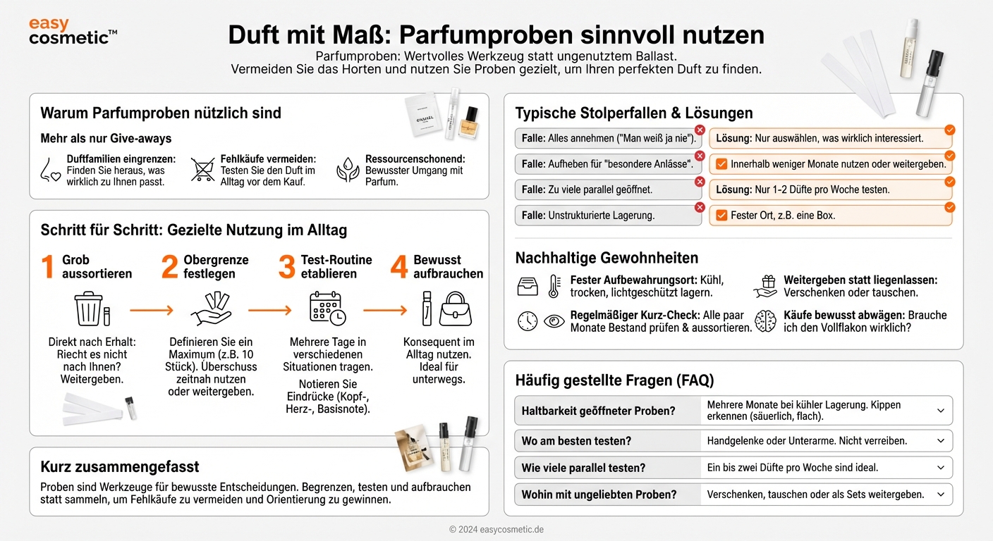 Wie gehe ich verantwortungsvoll mit Parfumproben um, ohne sie zu horten oder zu verschwenden?