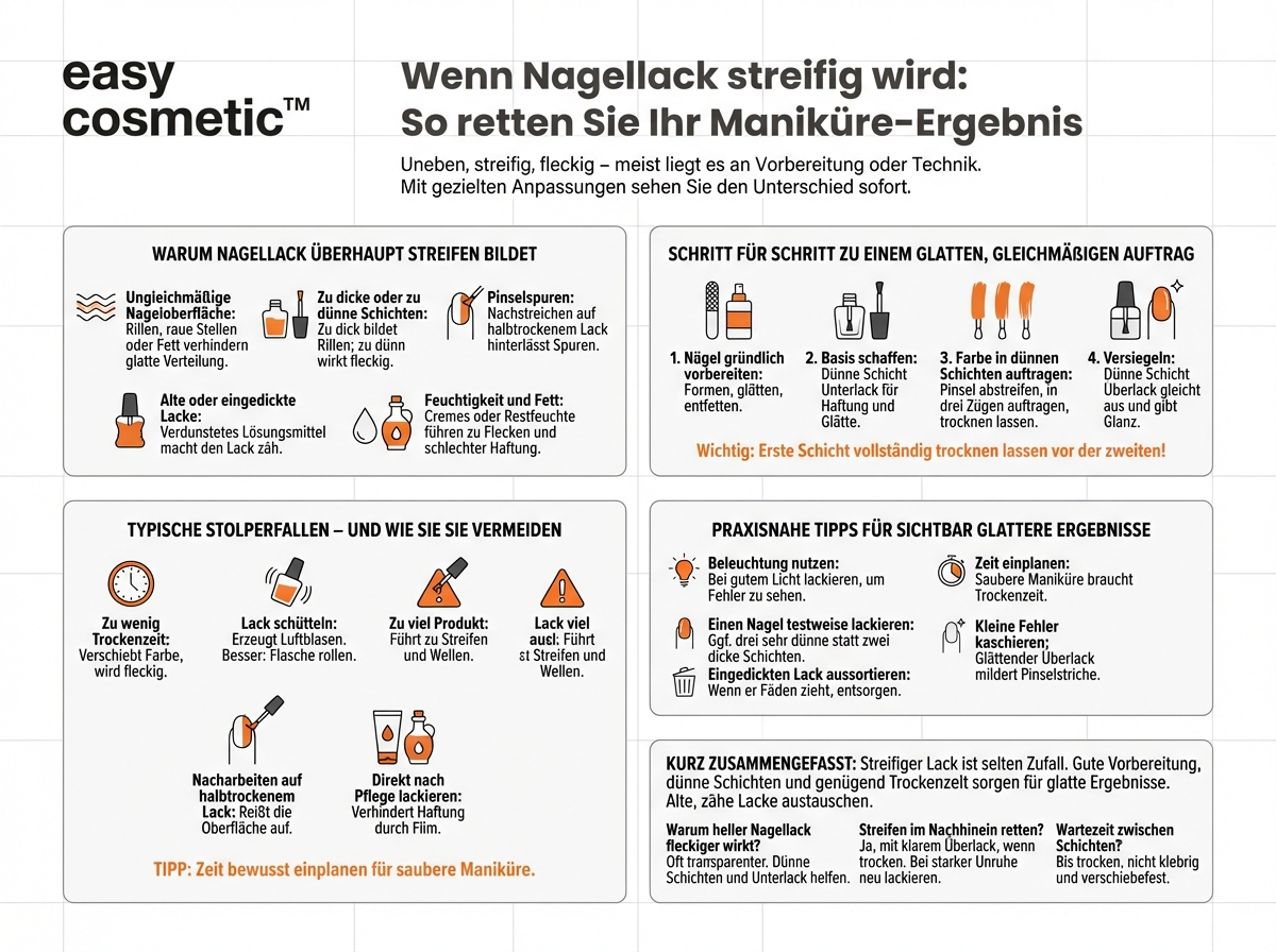 Wie gehe ich vor, wenn mein Nagellack Streifen bildet oder ungleichmäßig aussieht?