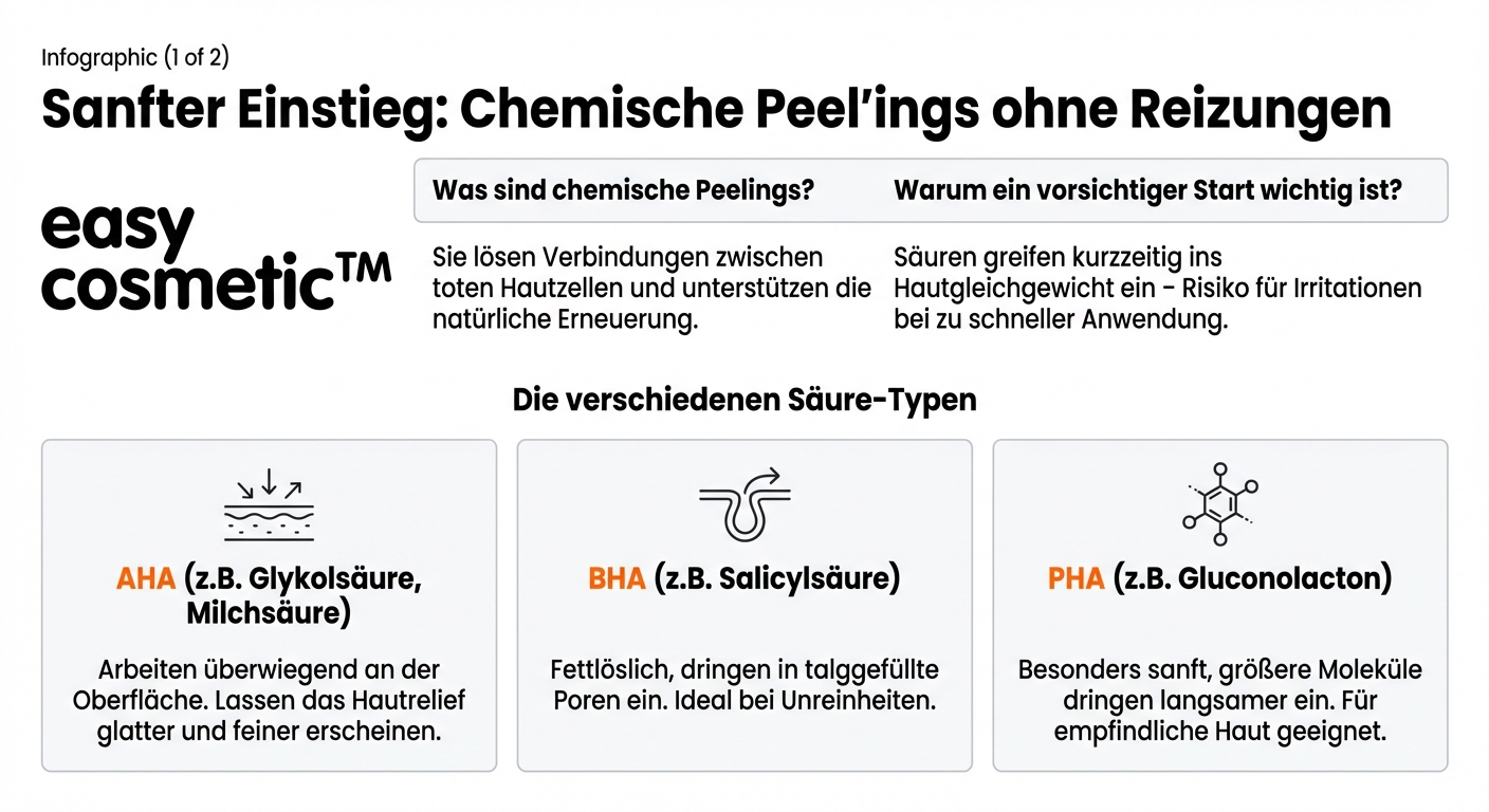 Wie geht man bei einem Erstkontakt mit chemischen Peelings vor, um Reizungen zu vermeiden?