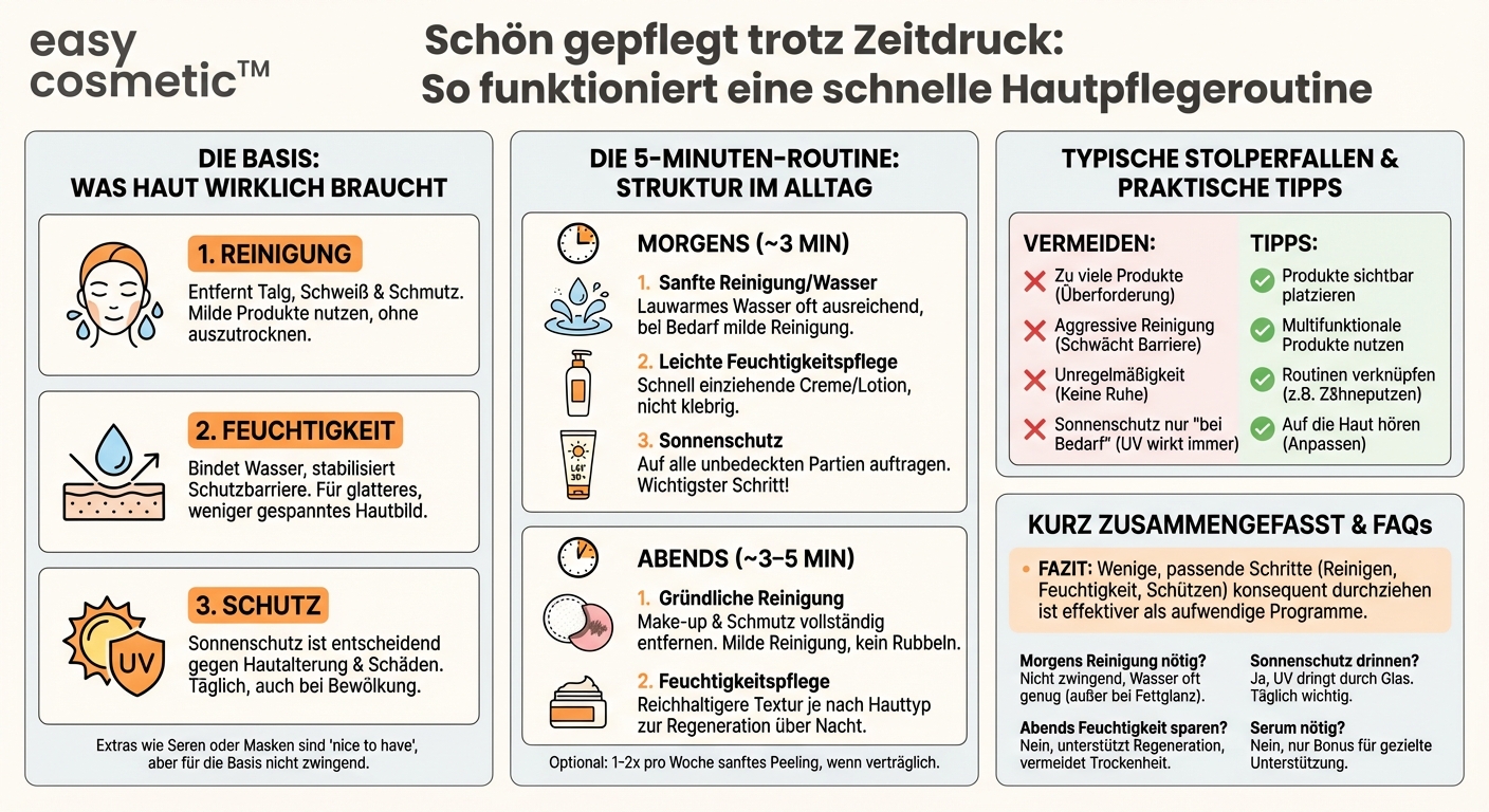 Wie gestalte ich eine Hautpflegeroutine, wenn ich sehr wenig Zeit habe?
