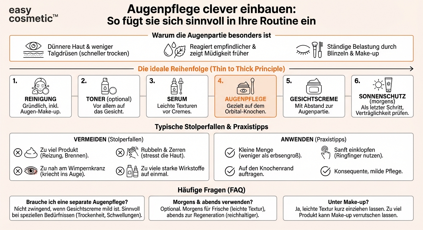 Wie integriere ich Augenpflege sinnvoll in meine bestehende Pflegeroutine (Reihenfolge der Produkte)?