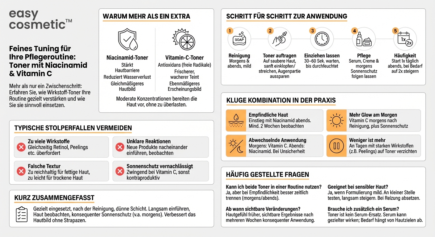 Wie integriere ich einen Toner mit Wirkstoffen wie Niacinamid oder Vitamin C sinnvoll in meine Routine?