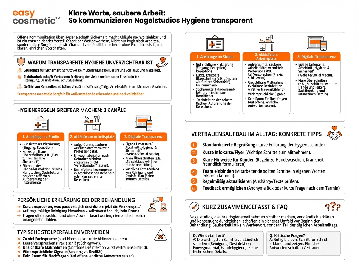 Wie kann ein Nagelstudio seine Kunden transparent über Hygieneregeln und -maßnahmen informieren?