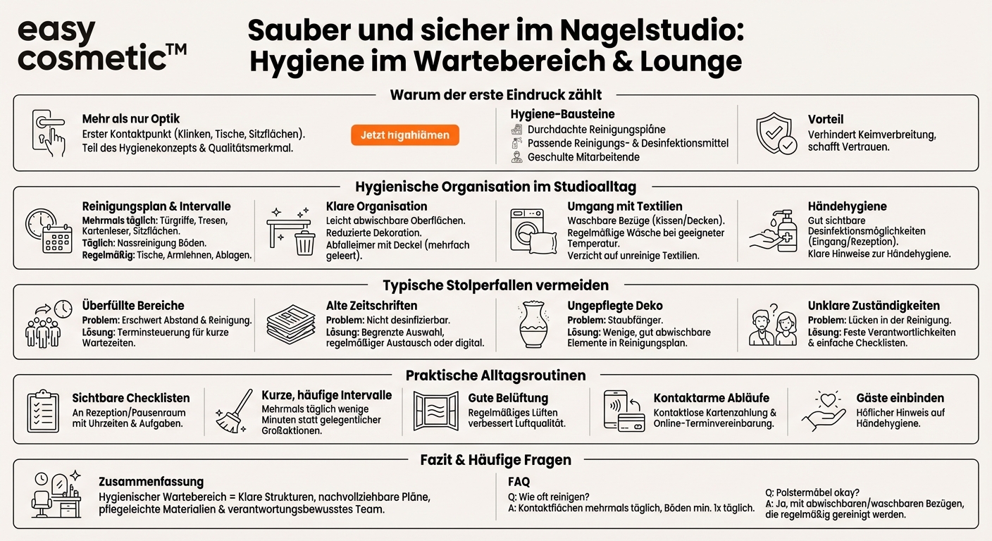 Wie kann ein Nagelstudio sicherstellen, dass Warteschlangen und Aufenthaltsbereiche hygienisch und sauber bleiben?
