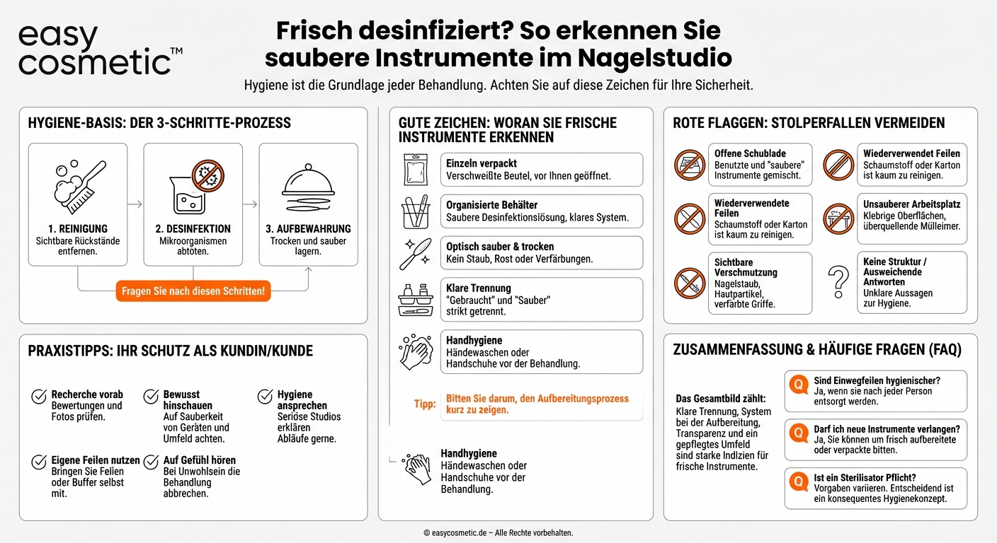 Wie kann ich als Kunde erkennen, ob Instrumente im Nagelstudio frisch desinfiziert wurden?