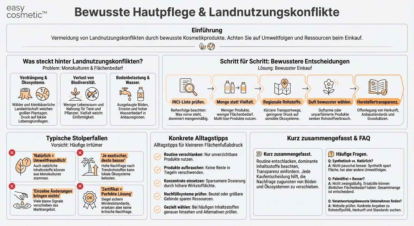 Wie kann ich bei Hautpflege darauf achten, dass Produkte nicht zu Landnutzungskonflikten beitragen, etwa durch Monokulturen für Pflanzenöle oder Duftstoffe?