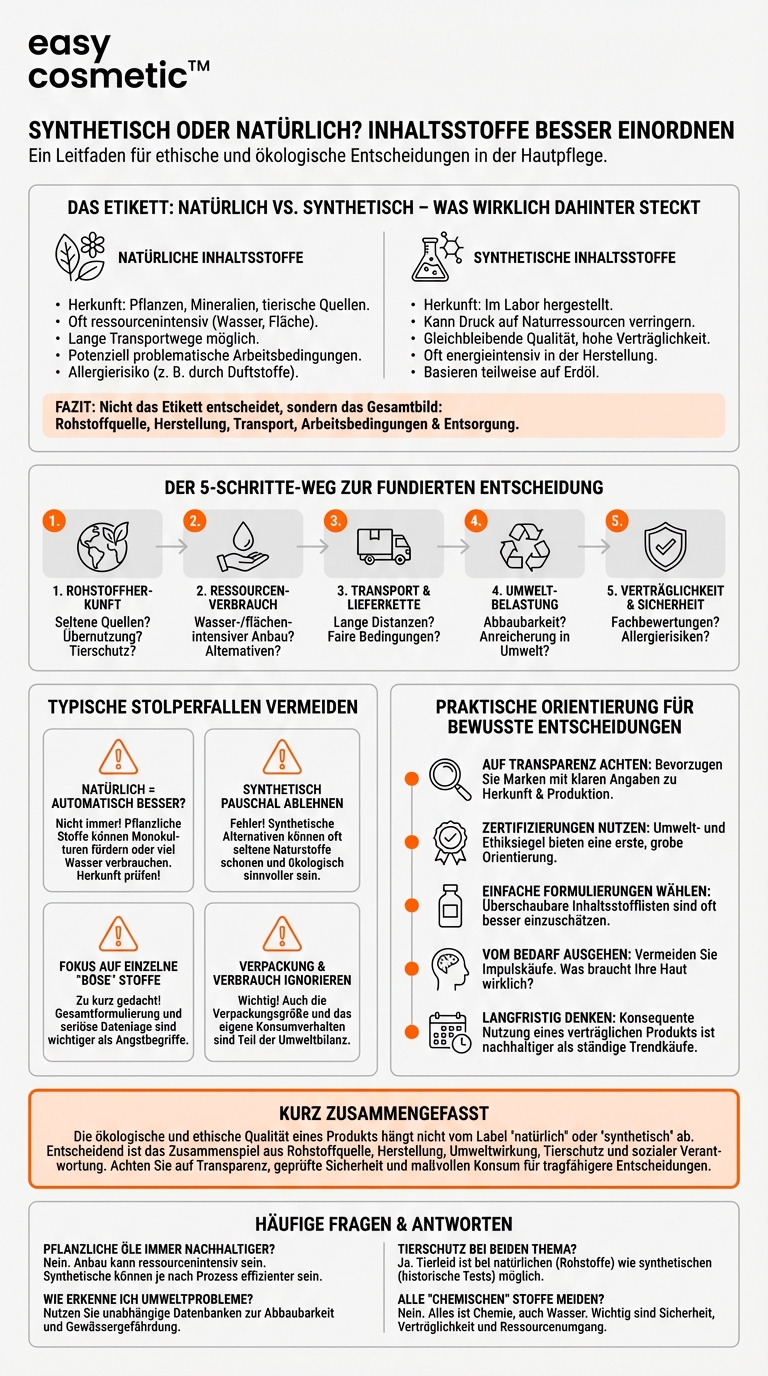Wie kann ich bei Hautpflegeprodukten abwägen, ob synthetische oder natürliche Inhaltsstoffe aus ökologischer und ethischer Sicht besser sind?
