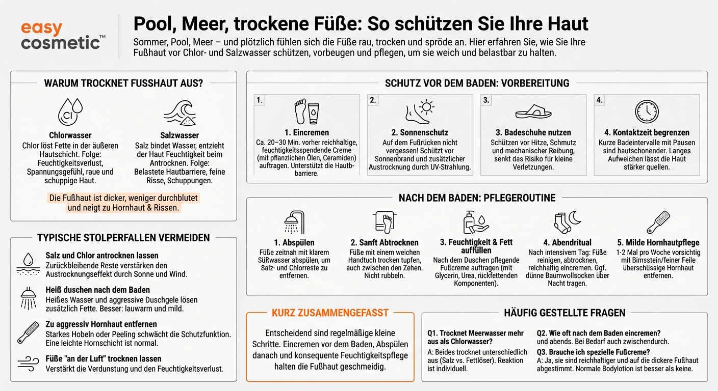 Wie kann ich die Haut an den Füßen vor dem Austrocknen durch Chlor- oder Salzwasser schützen?