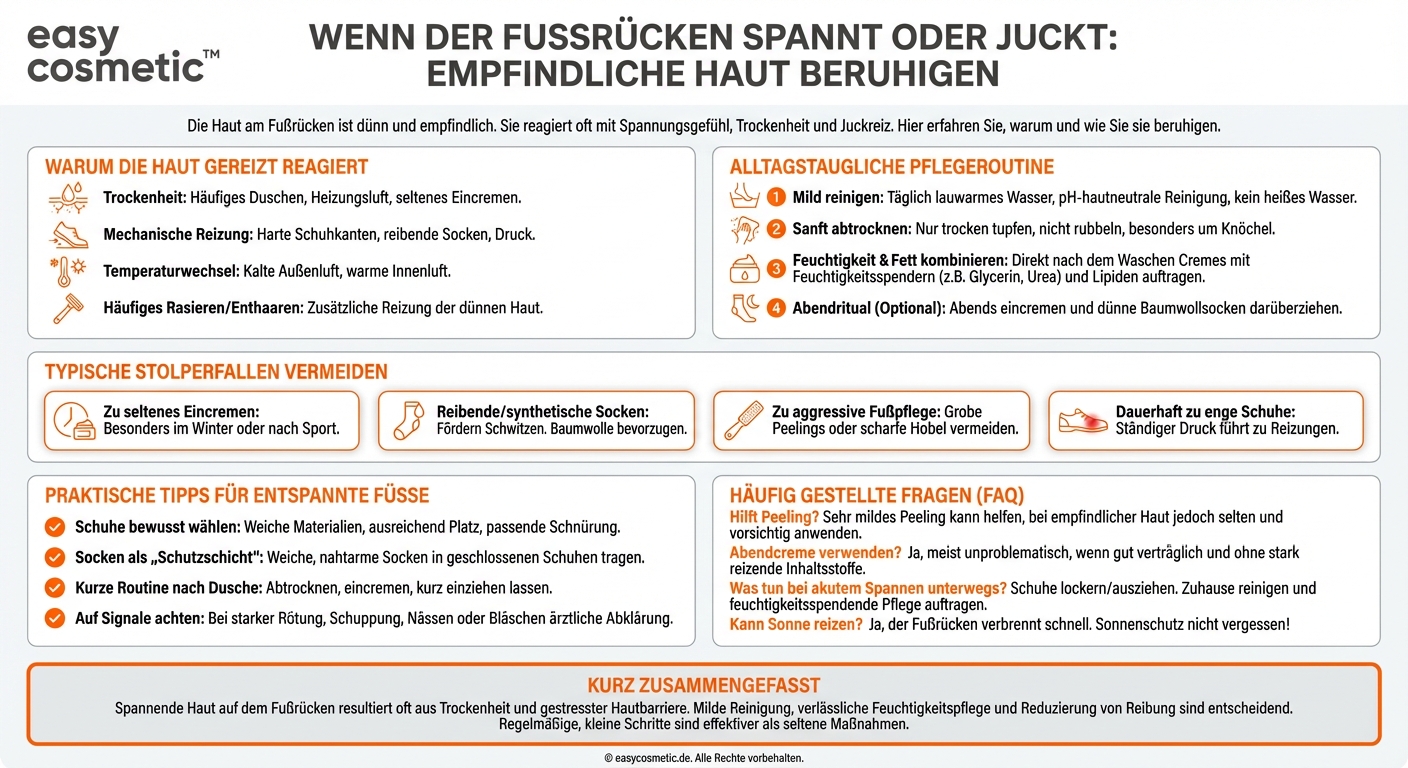 Wie kann ich die Haut auf dem Fußrücken pflegen, wenn sie schnell spannt oder juckt?