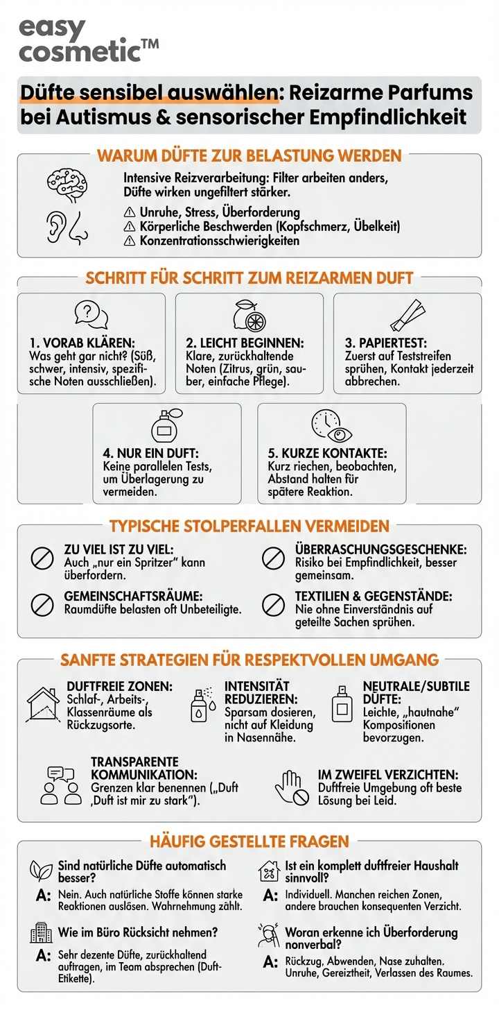 Wie kann ich Düfte für Menschen im Autismus-Spektrum oder mit sensorischer Überempfindlichkeit möglichst reizarm auswählen?