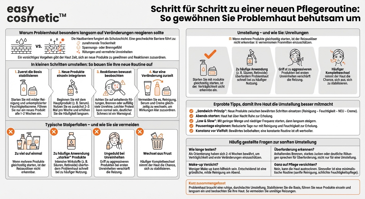 Wie kann ich eine Pflegeroutine bei Problemhaut schrittweise umstellen, ohne die Haut zu überfordern?