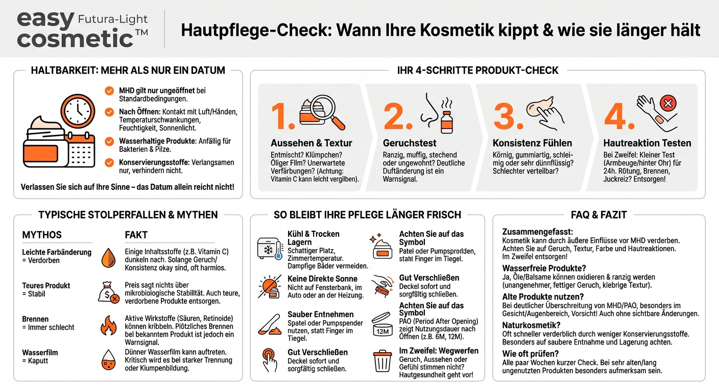 Wie kann ich erkennen, ob ein Hautpflegeprodukt trotz nicht abgelaufenem MHD bereits verdorben ist?