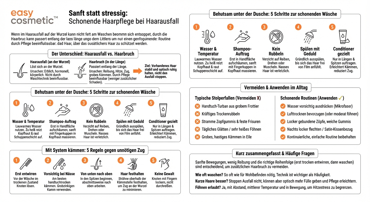Wie kann ich Haare bei Haarausfall schonend waschen und kämmen, um weiteren Haarbruch zu vermeiden?