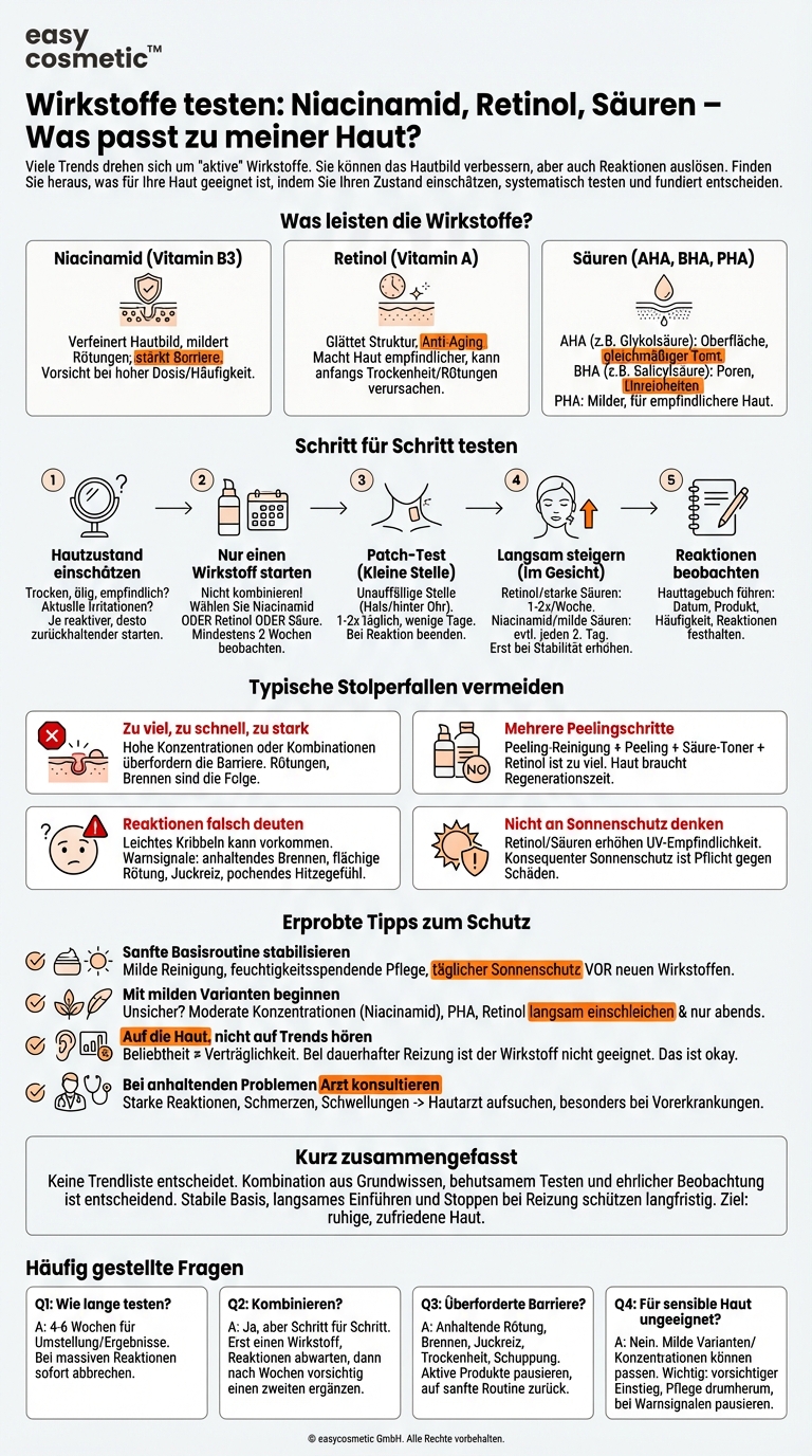 Wie kann ich herausfinden, ob einzelne Wirkstoffe wie Niacinamid, Retinol oder Säuren für meine Haut geeignet sind?