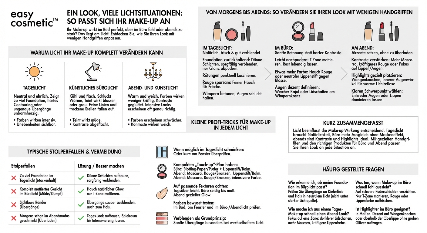 Wie kann ich mein Make-up mit wenigen Handgriffen so anpassen, dass es in unterschiedlichem Licht (Tageslicht, Büro, Abend) gut aussieht?
