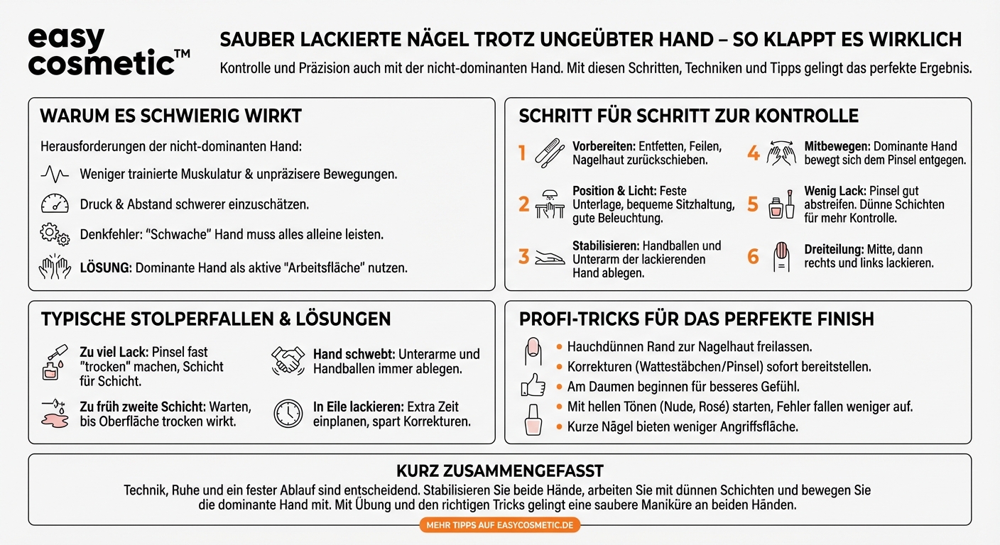 Wie kann ich meine dominante Hand sauber lackieren, wenn ich ungeübt bin?