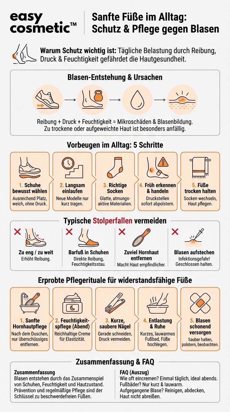 Wie kann ich meine Füße vor Blasen und Reibung im Alltag schützen und sie anschließend richtig pflegen?