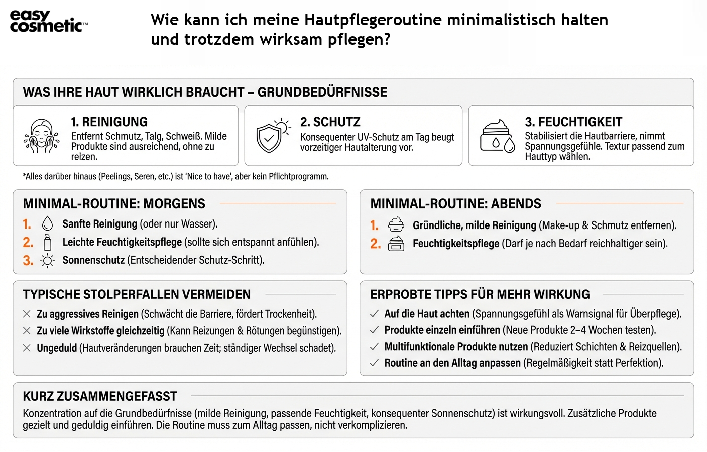 Wie kann ich meine Hautpflegeroutine minimalistisch halten und trotzdem wirksam pflegen?