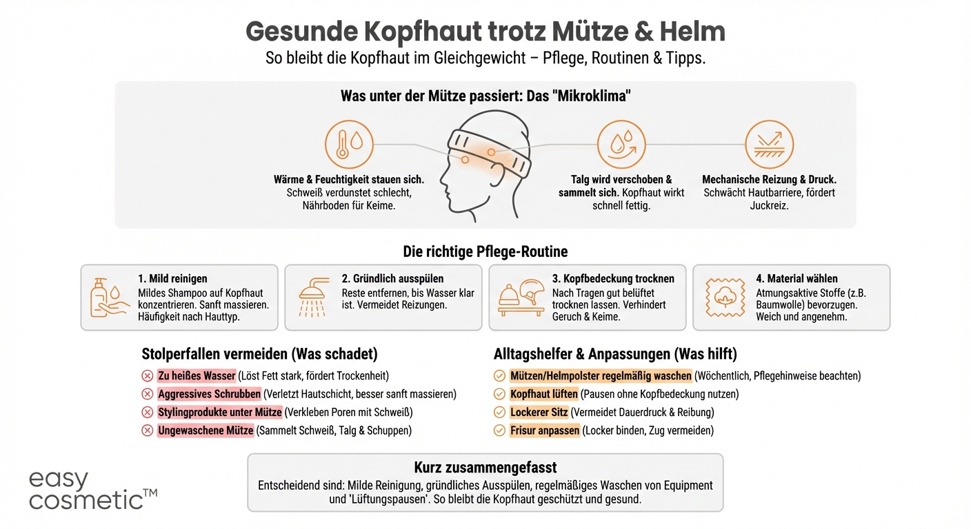Wie kann ich meine Kopfhaut pflegen, wenn ich häufig Mützen oder Helme trage?