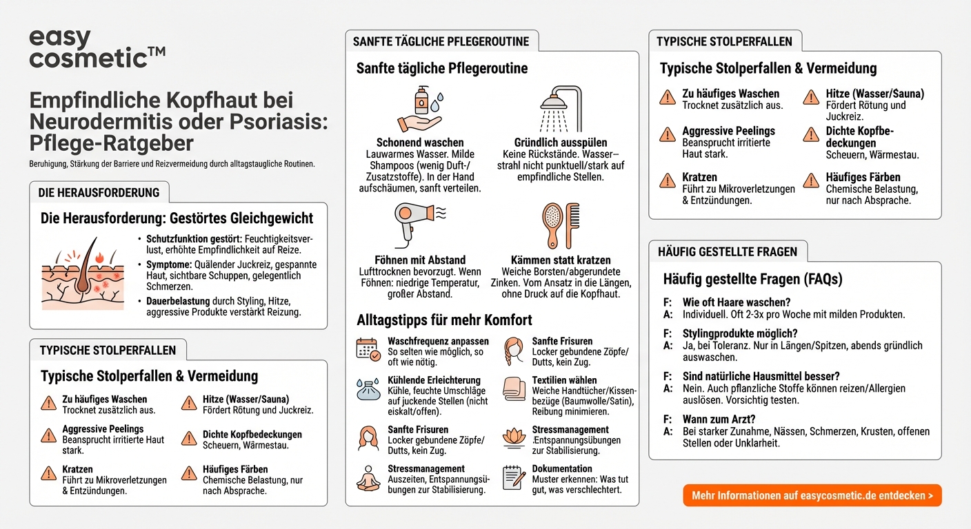 Wie kann ich meine Kopfhaut pflegen, wenn ich unter Neurodermitis oder Psoriasis leide (ohne medizinische Behandlung zu ersetzen)?