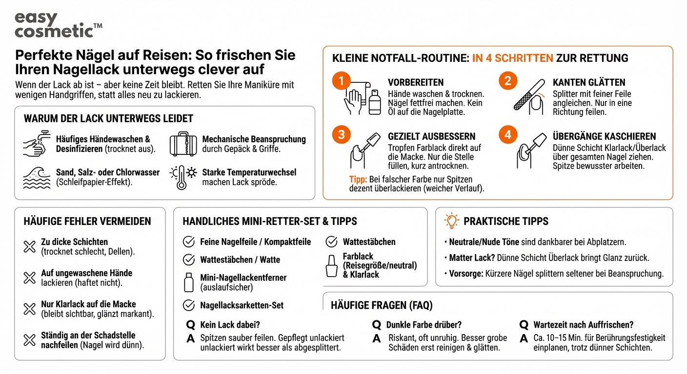 Wie kann ich meinen Nagellack unterwegs oder auf Reisen auffrischen, ohne alles neu zu machen?