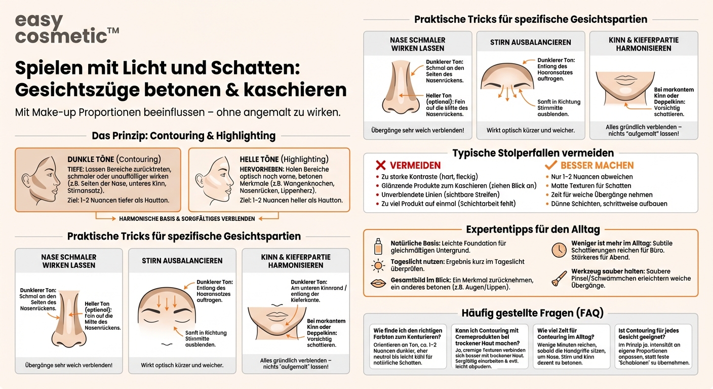Wie kann ich mit Make-up gezielt bestimmte Gesichtsmerkmale betonen oder in den Hintergrund rücken (z. B. Nase, Stirn, Kinn)?