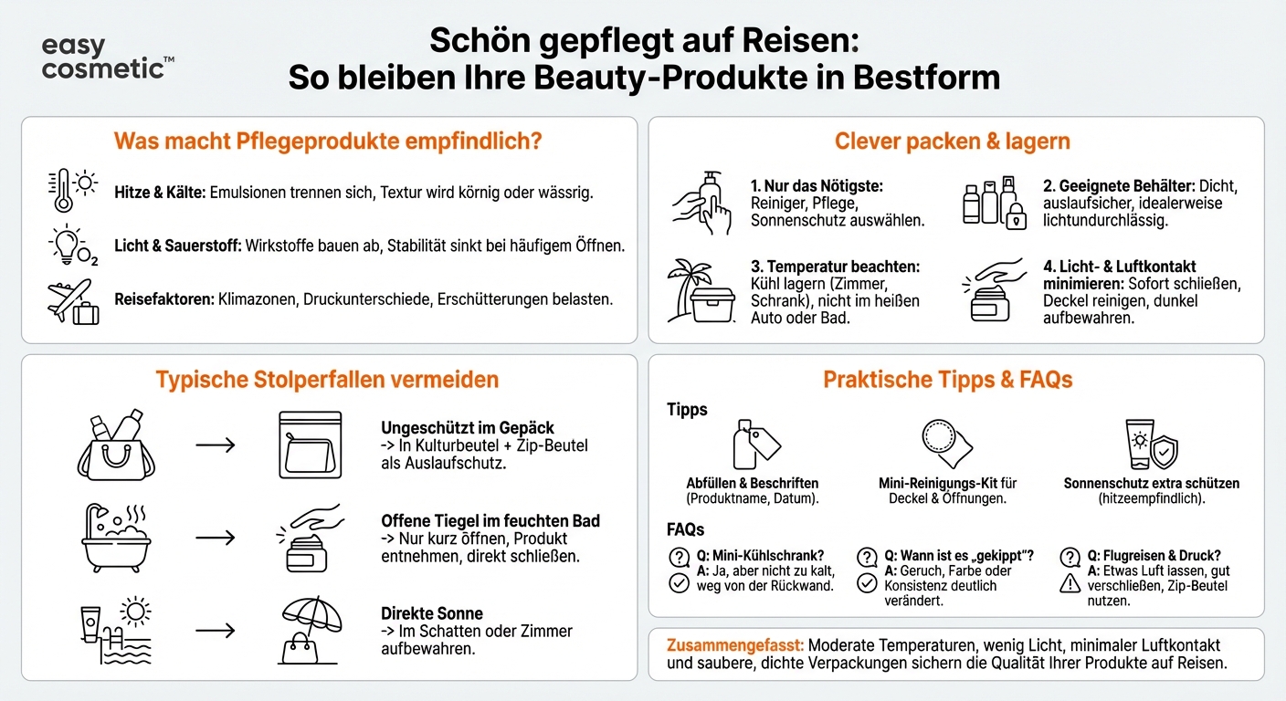 Wie kann ich Pflegeprodukte unterwegs oder auf Reisen lagern, ohne ihre Qualität zu beeinträchtigen?