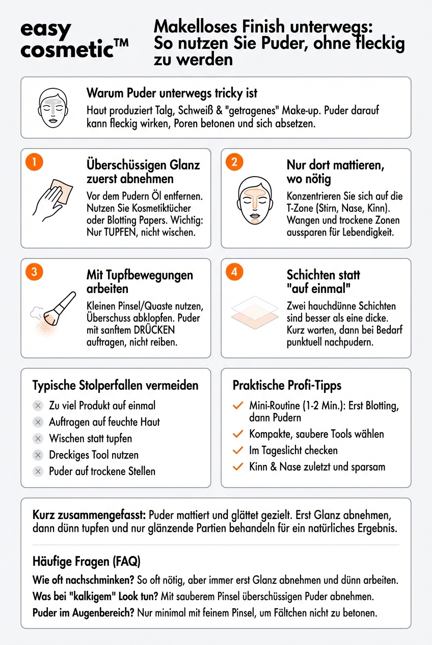 Wie kann ich Puder unterwegs zum Auffrischen des Make-ups nutzen, ohne fleckig zu werden?