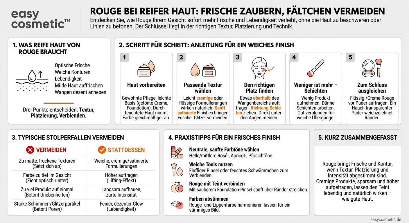 Wie kann ich Rouge bei reifer Haut anwenden, ohne Fältchen zu betonen?