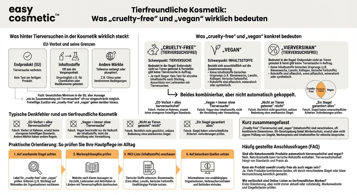 Wie kann ich sicherstellen, dass meine Hautpflegeprodukte ohne Tierversuche entwickelt wurden und was bedeuten Begriffe wie „cruelty-free“ oder „vegan“ konkret?