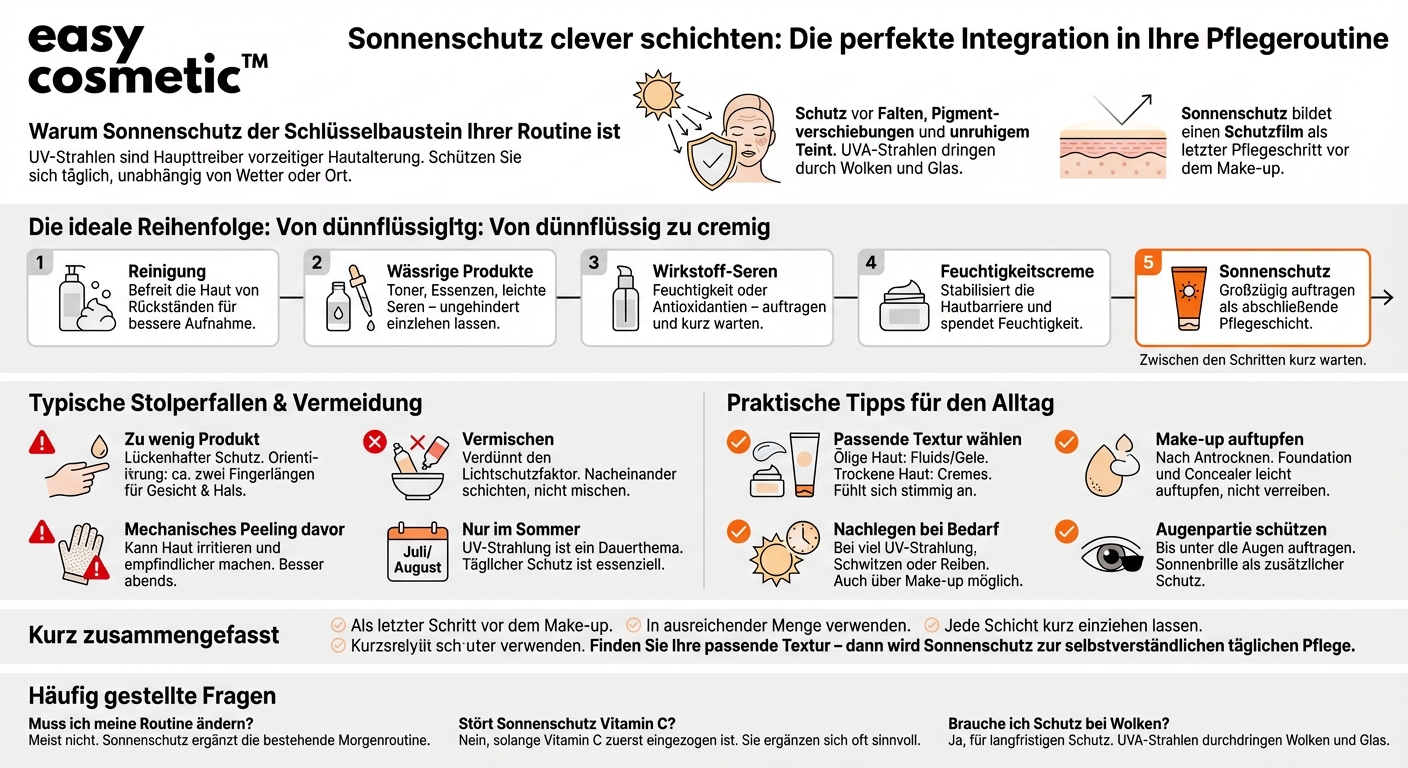 Wie kann ich Sonnenschutz in meine bestehende Hautpflegeroutine integrieren, ohne die Wirksamkeit anderer Produkte zu beeinträchtigen?