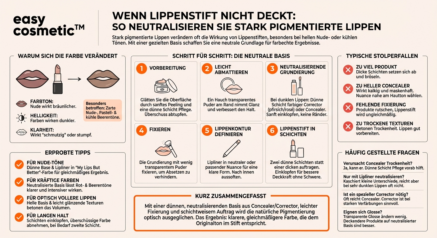 Wie kann ich stark pigmentierte Lippen neutralisieren, um die Lippenstiftfarbe besser zur Geltung zu bringen?