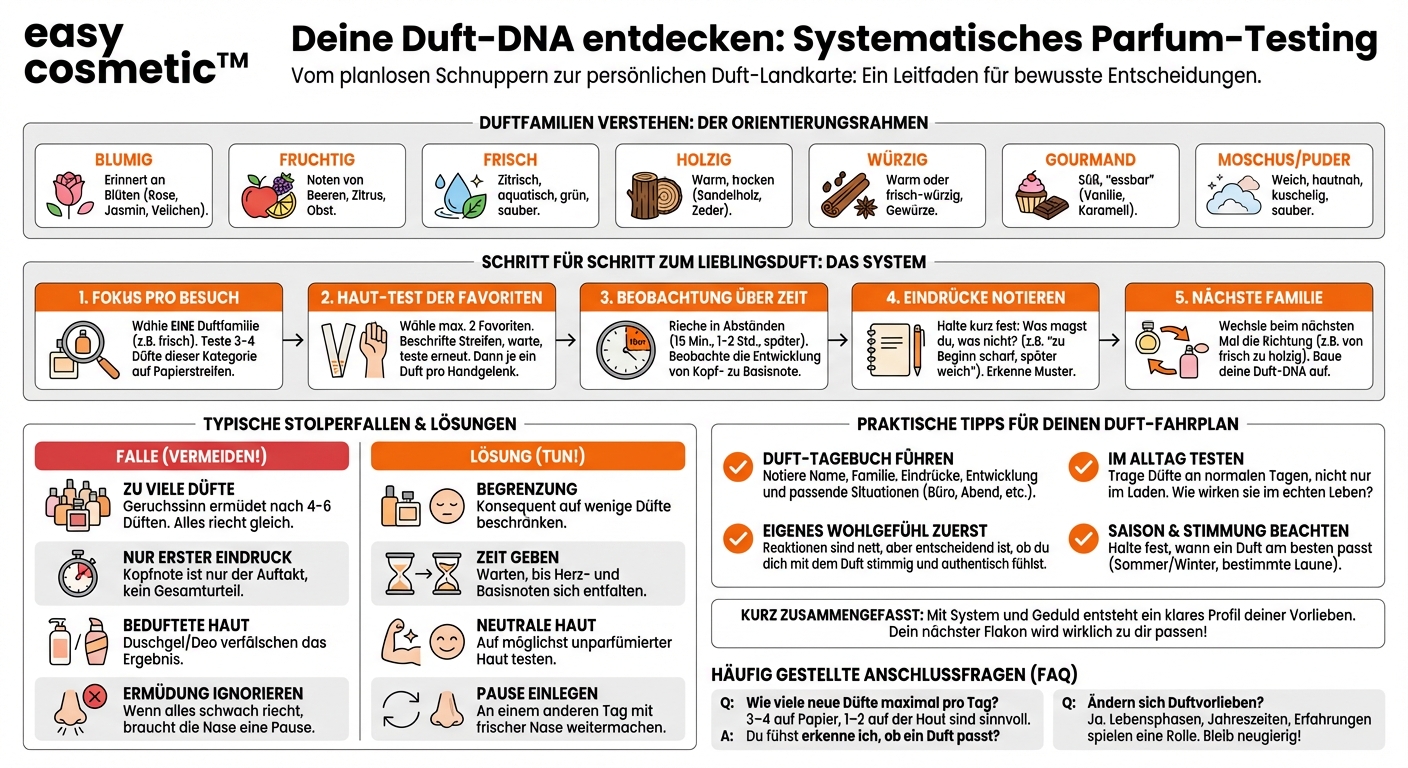 Wie kann ich systematisch ausprobieren, welche Duftnoten mir gefallen, ohne wahllos zu testen?