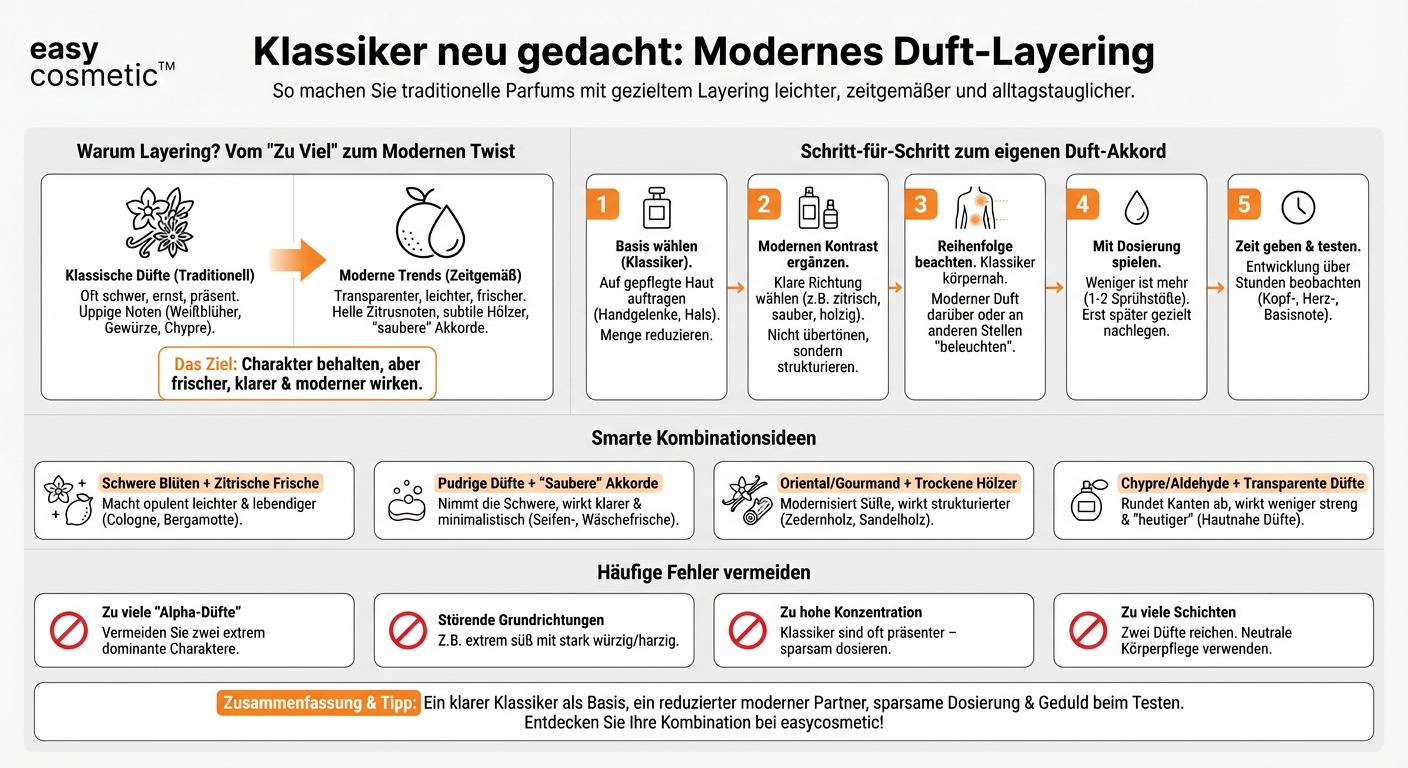 Wie kann man klassische Düfte mit modernen Parfums layern, um sie aktueller wirken zu lassen?
