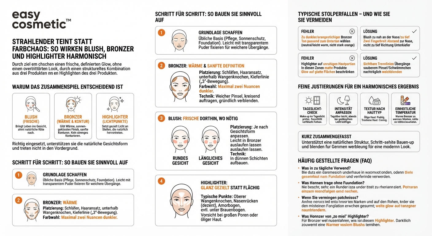 Wie kombiniere ich Blush, Bronzer und Highlighter, damit das Gesamtbild harmonisch wirkt?