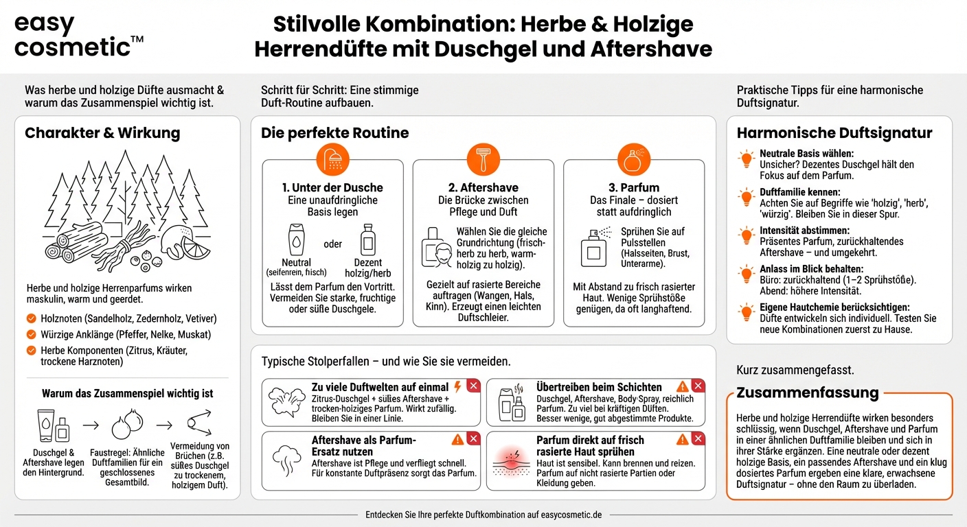 Wie kombiniere ich herbe oder holzige Herrendüfte sinnvoll mit Duschgel und Aftershave?