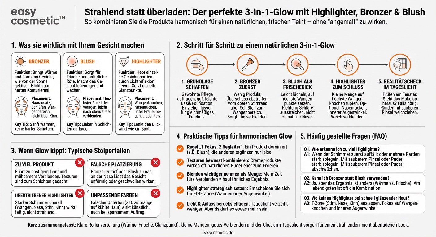 Wie kombiniere ich Highlighter mit Bronzer und Blush, ohne dass es zu viel wird?