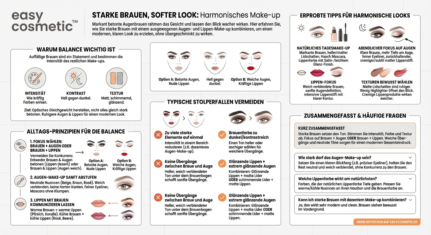 Wie kombiniere ich stark betonte Augenbrauen harmonisch mit Augen- und Lippen-Make-up?