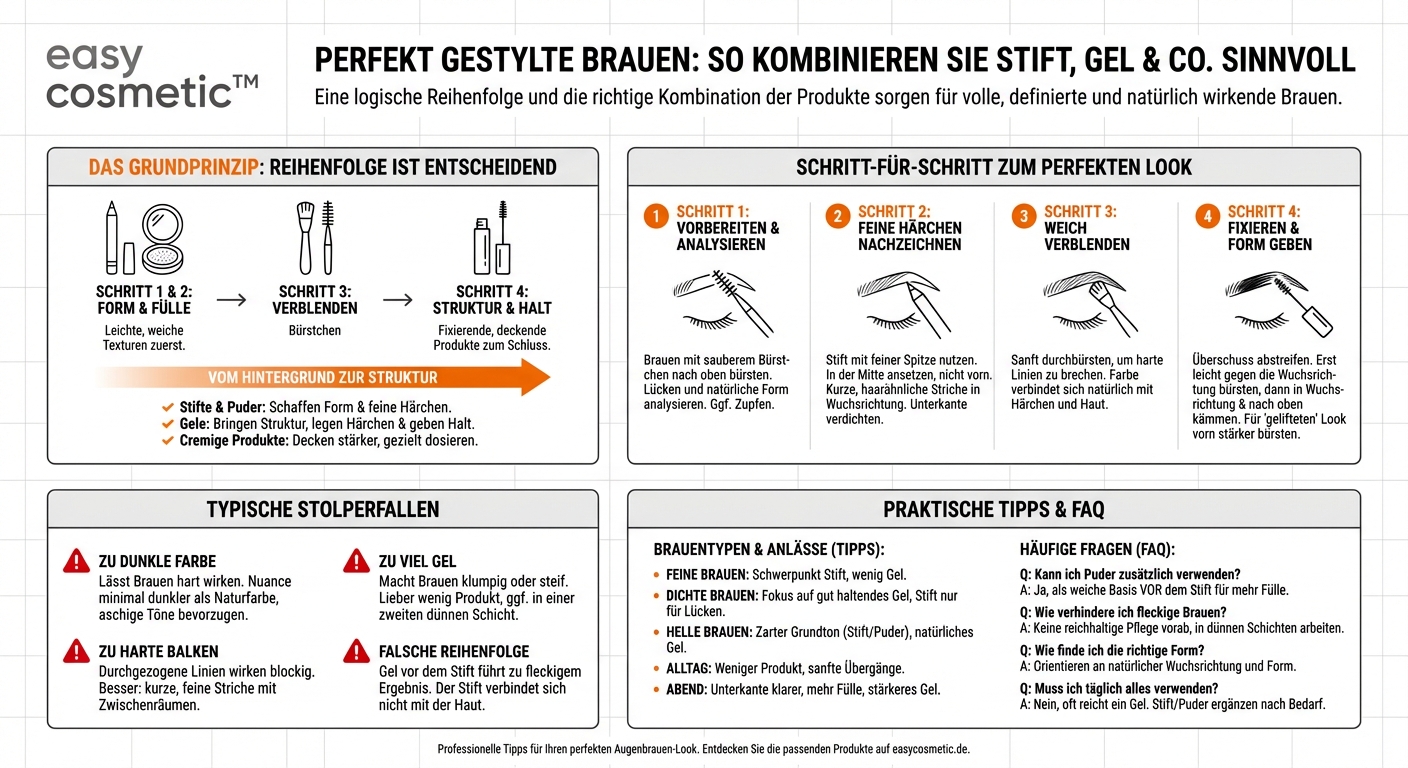 Wie kombiniere ich verschiedene Augenbrauenprodukte (z.B. Stift und Gel) für ein perfektes Ergebnis?