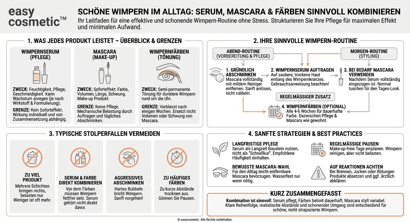 Wie kombiniere ich Wimpernserum, Wimperntusche und eventuell Wimpernfärben sinnvoll in meiner Routine?
