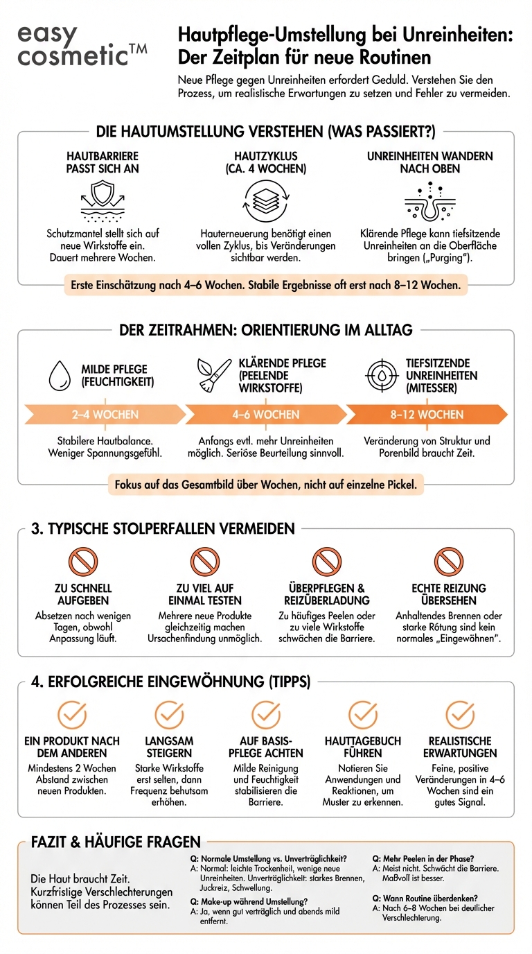 Wie lange dauert es, bis sich meine Haut an neue Pflegeprodukte bei Unreinheiten gewöhnt?
