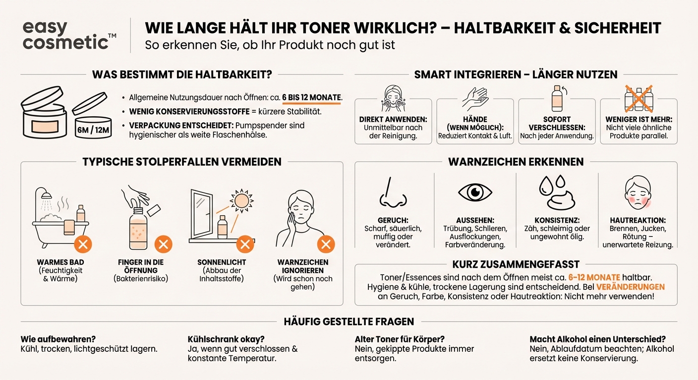 Wie lange ist ein Toner oder eine Essence nach dem Öffnen haltbar und woran erkenne ich, dass das Produkt gekippt ist?