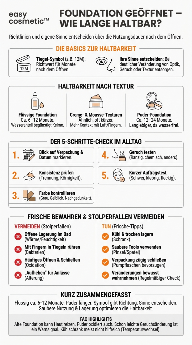 Wie lange ist eine angebrochene Foundation haltbar und woran erkenne ich, dass sie schlecht ist?