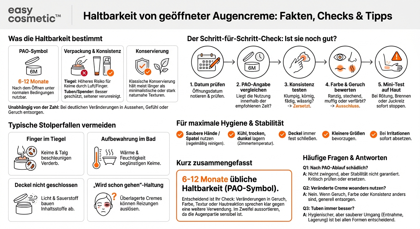 Wie lange ist eine geöffnete Augencreme haltbar und wie erkenne ich, ob sie noch verwendbar ist?