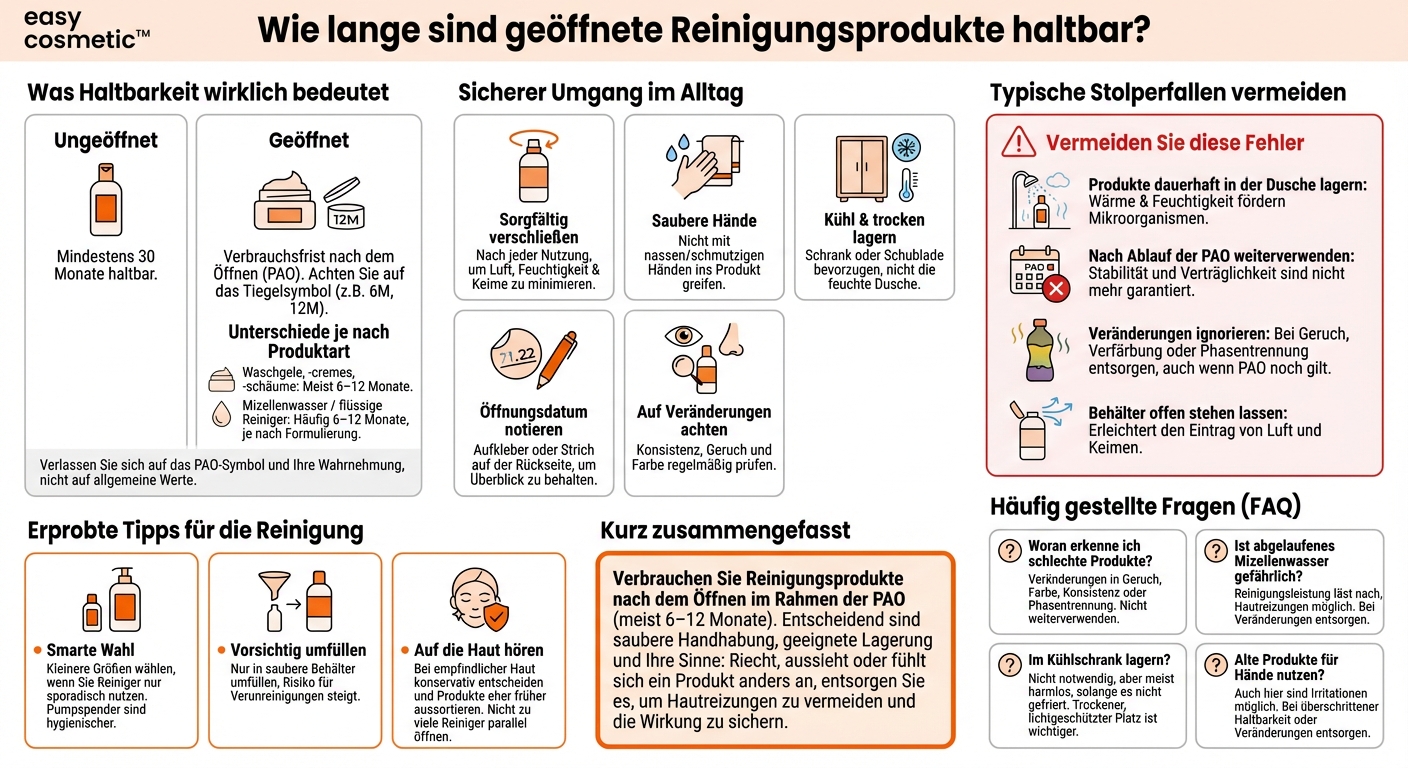 Wie lange kann ich geöffnete Reinigungsprodukte wie Waschgele oder Mizellenwasser bedenkenlos verwenden?